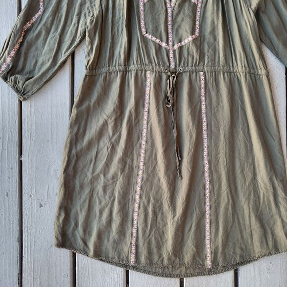 Anthropologie Edme & Esyllte Olive Green 3/4 Sleeve Embroidered Trim Dress Sz L - Picture 4 of 9
